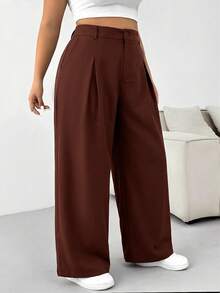 Solflare Pantalones anchos de unicolor con botones, talla grande, adecuados para graduación, regreso a la escuela, atuendos de maestras para mujeres, marrón óxido - Óxido marrón - Ver 4