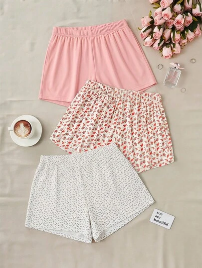 SHEIN Cotton 3 Pcs Multicolour Floral Patterned & Solid Colour Shortshomewear Comfort Casual Women Multipack Sleep Bottom Sets