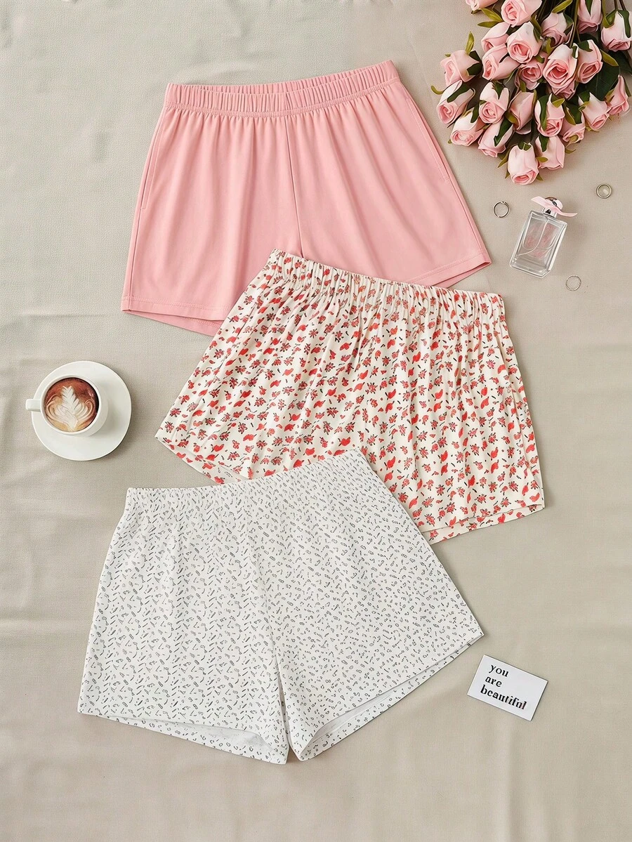SHEIN Conjunto de 3 peças de shorts e calças de dormir femininos confortáveis e casuais em algodão, com estampas florais multicoloridas e cores lisas. - Multicolorido - Ver 1