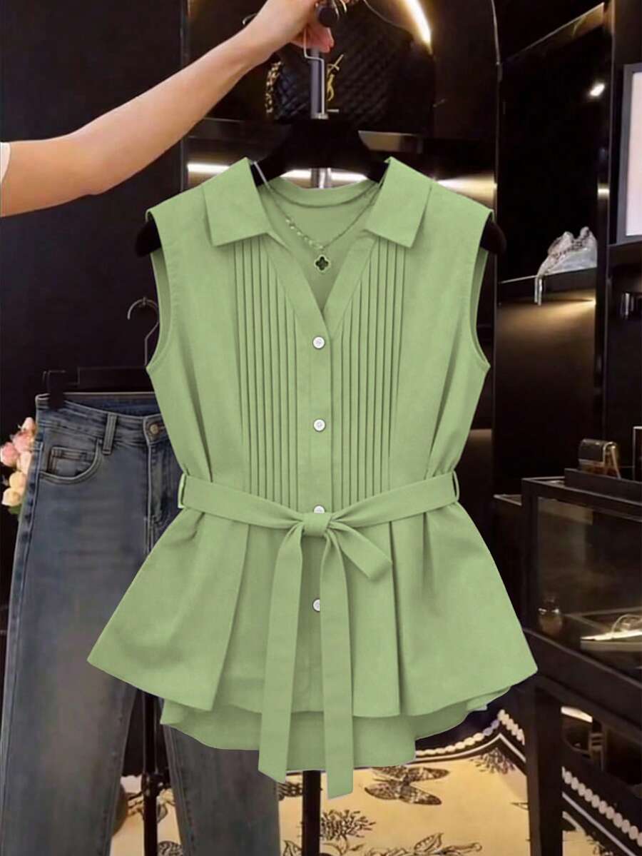 Franclia Áo sơ mi nữ cổ chữ V xếp ly không tay có thắt lưng - màu xanh lá - Xem 1