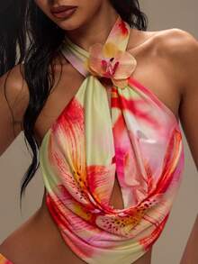 TypaGal Top halter sin espalda con estampado floral y decoración de flores 3D para vacaciones en la playa para mujer - Multicolor - Ver 1