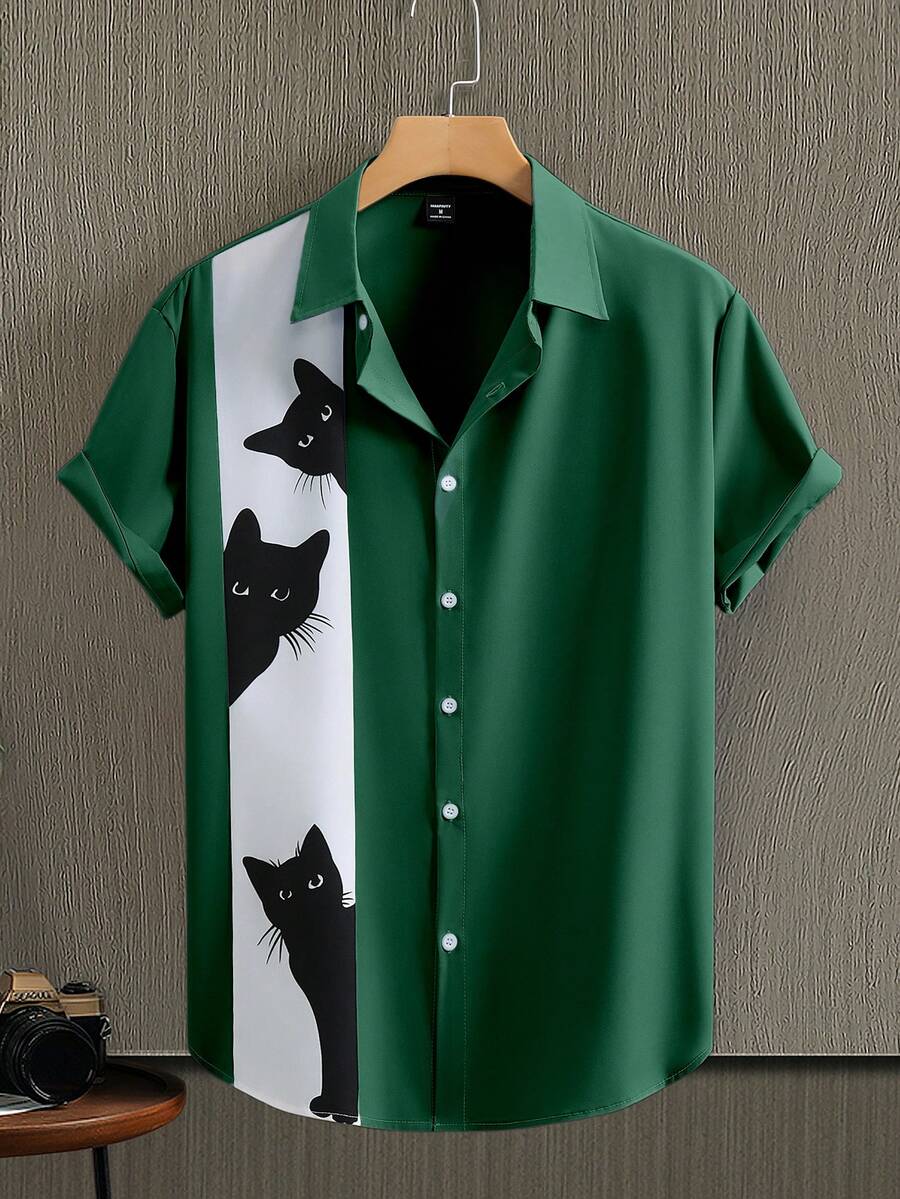 Manfinity Homme Men's Casual Colorblock Cat Print Short Sleeve Shirt, Summer - Green - View 1