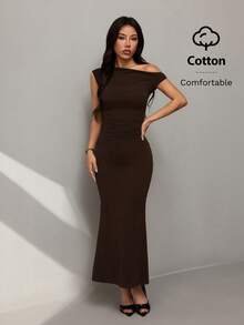 SHEIN PETITE Đầm đuôi cá dài lệch vai, chất liệu cotton thoải mái, thích hợp cho mùa hè, hẹn hò hàng ngày, tiệc tùng, những dịp trang trọng, đi chơi. - Cà phê nâu - Xem 6