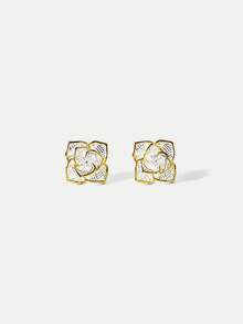 MOTF Anting-anting Temperamen Zirkonium Bertatahkan Bunga Berongga Dua Warna Berlapis Emas 18K - MultiWarna - View 2