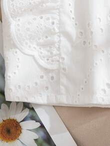 SHEIN Elladie kids 女童荷叶边领刺绣褶皱面料休闲衬衫，优雅乡村风格，适合外出和工作穿着，蓝色 - 白色 - 查看 5