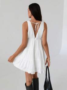SHEIN Almamuse 女士时尚蕾丝下摆系带性感连衣裙 - 白色 - 查看 2