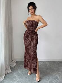 SHEIN Raffinéa Allover Print Ruched Side Tube Bodycon Dress Maxi Women Outfit - Coffee Brown - View 7