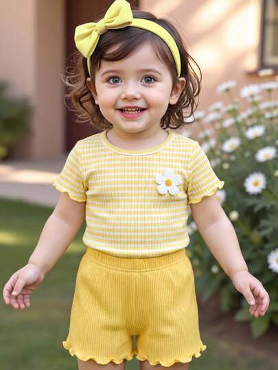 Set de 2 piezas para bebé y niña pequeña (6 meses - 2-3 años) con parte superior de manga corta con flor 3D a rayas + pantalones cortos de unicolor, estilo fresco y dulce/bosque suave, conjunto de camiseta ligera para uso diario, escuela, primavera/verano/otoño al aire libre