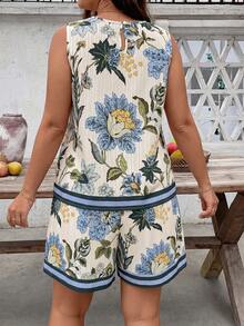 EMERY ROSE Women's Retro Floral Print Sleeveless Tank Top And Shorts Set,Loose Beige Summer Boho Vacation Holiday Two Pieces Outfit,Beach Photography Apparel - Multicolor - View 2