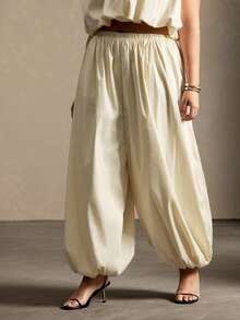Vixey Woven Elasticized Waistband And Cuffs Bubble Pants - Cream - View 3