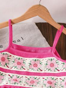 SHEIN Vintaside Kids 女童休闲时尚度假吊带无袖露脐钩针草莓蕾丝边吊带背心搭配松紧腰宽松纹理面料阔腿裤套装 - 粉色 - 查看 5