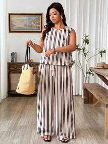Weeklong Plus Size Women Striped Round Neck Top And Wide Leg Pants Casual 2 Pieces Set - Multicolor - View 6