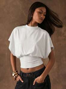 SHEIN BAE Dam enfärgad ståkrage fladdermus kortärmad veckad casual t-shirt - Vitt - Visa 5