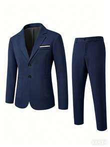 Manfinity Mode Conjunto de traje formal de hombre con blazer de manga larga y cuello con muesca de unicolor y pantalones, de moda para ir al trabajo y salidas, ceremonias - Azul Marino - Ver 3