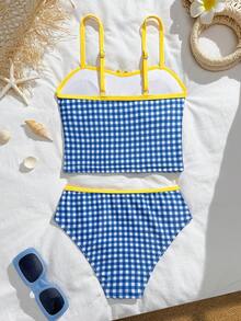 SHEIN Tween Girl Vintage Plaid Print Ruffle Bow Decor Cute Swimwear Set, Suitable For Summer, Vacation, Beach, Swimming Checked Swim Suit Tween Checkered Swimwear Girls Preppy Bathing Suits Checkered Bathing Suit Bikini Set Two Pieces Bathing Suit Girls Matching Sets Vacation Matching Swimwear Mom Daughter - Multicolor - View 2