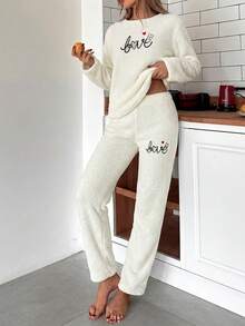 WovenCharm 2Pcs Pelush Love Embroidery Detail PJ Set - White - View 5