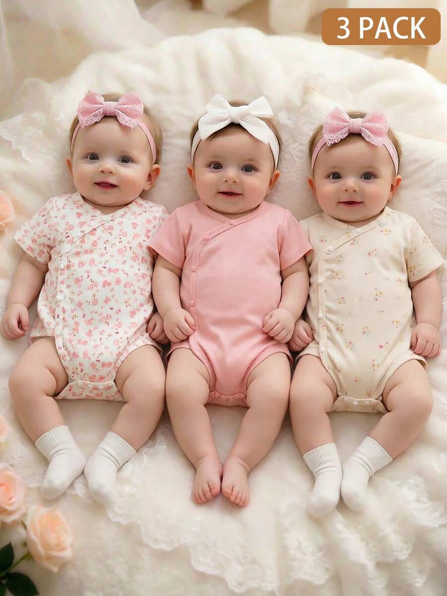 SHEIN 3pcs/Set Newborn Baby Girls Cute Pink And Black Floral Print Rompers Short Sleeve Soft Breathable Summer Clothes Family Matching Daily Wear - Brown - View 1