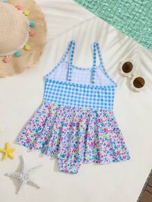 SHEIN Playful Pals 1 pieza Traje de baño de una sola pieza con volantes, estampado floral y cuadros azules para niñas, adecuado para playa, piscina, , vacaciones, verano, viajes - Multicolor - Ver 2