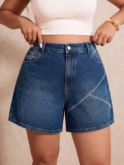 SHEIN Rhinestone Details Plus Size Women High Waisted Elastic Band Pocketed Casual Gothic Denim Shorts Outfits, Blue And White Summer Beach Vacation