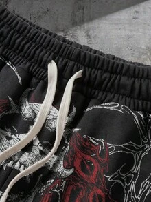 ROMWE MEN Men's Elastic Waist Drawstring Color Block Fashion Print Summer Shorts - Black - View 2