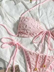 Swim Mod Summer Women 2pcs Textured Fabric Rope Tie Crop Top And Pants Swimwear Set - Pink - View 3