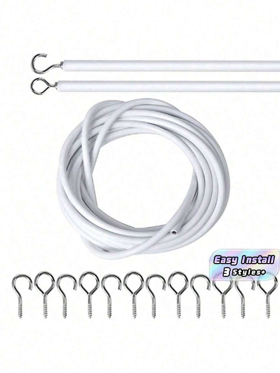 Cable de cortina recubierto, cuerda de sujeción moderna de 2/5/10/30 metros con ganchos para cortinas de ducha y ventana - Blanco - Ver 1