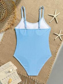SHEIN Traje de baño de una pieza de unicolor y tela texturizada de moda para niñas preadolescentes - Azul y blanco - Ver 3