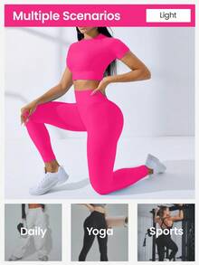 SHEIN Core Rhythm Seamless Stretchy Women Sports Cropped T-Shirt & Leggings Set Ribbed Workout Buttery Soft Legging Two Piece Curve Activewear Quick-Dry Quick Dry - Hot Pink - View 9