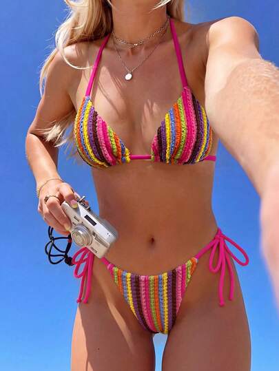 Swim Mod Women's Multicolor Halter Striped Tie Side Bikini Set