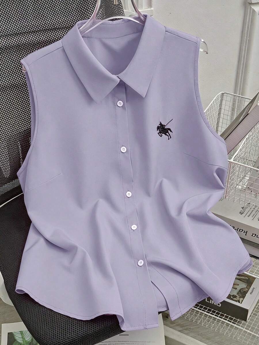 SHEIN LUNE 大码夏季休闲无袖纽扣 Polo 衫 - 淡紫色 - 查看 1