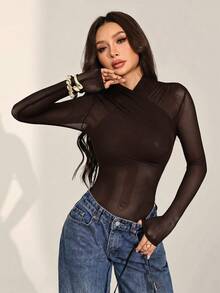 SHEIN PETITE Áo liền thân lưới màu trơn gợi cảm dành cho nữ, áo tay dài xuyên thấu, áo lưới tay dài, áo xuyên thấu màu đen, áo lưới đen, mùa thu, áo liền thân màu đen - màu nâu - Xem 10