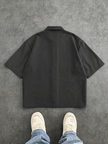 SWAVVY Men's Striped Drawstring Collar Casual Versatile Daily Wear Shirt - Black - View 4