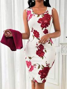SHEIN Lady 春夏优雅蓝色日常通勤连衣裙，适合女士参加派对、新年、舞会、生日等场合，商务休闲，情人节时尚派对商务女性优雅通勤纯色泡泡袖上衣搭配印花修身无袖连衣裙套装两件套 - 彩色 - 查看 5