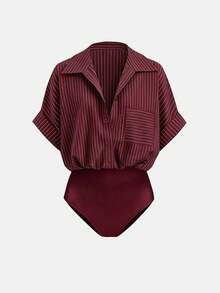 Airaco Áo liền thân nữ thời trang đa năng cài nút, kẻ sọc, có túi, cổ ve áo. - Màu Đỏ Sâu - Xem 3