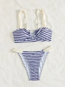 Swim Mod 女士条纹印花撞色V领金属装饰性感比基尼套装，26SS夏季简约优雅沙滩度假派对风格泳装两件套 - 彩色 - 查看 9