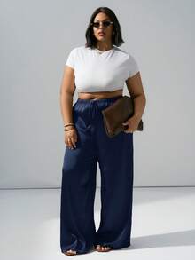 Hourglow Plus Size Wrinkle-Resistant Satin Straight Leg Loose Pants, Suitable For Valentine's Day, For Hourglass Body Shape - Navy Blue - View 5
