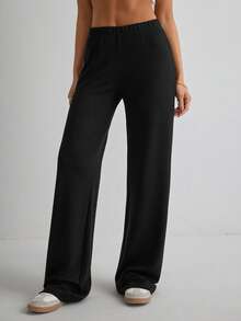 Women's Casual Solid Color Wide Leg Pants - Black - View 2