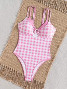 Swim Mod Women's One-Piece Plaid Swimsuit With Spaghetti Straps, Suitable For Beach Vacation, Spring/Summer - Pink - View 5