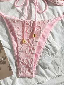 Swim Mod Summer Women 2pcs Textured Fabric Rope Tie Crop Top And Pants Swimwear Set - Pink - View 4