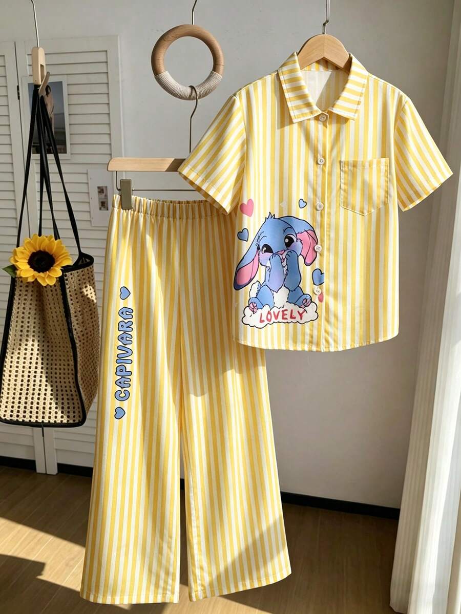 SHEIN 少女休闲条纹衬衫长裤套装,适合度假、外出、上学、ins风穿搭 - 黃色 - 查看 1