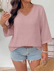Linhara CURVE Plus Size Casual Linen Texture V-Neck Floral Print Shirt - Pink - View 1