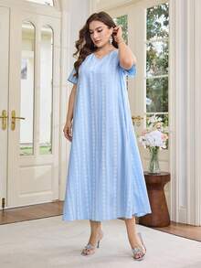 Al Najma Plus Size Floral Print Short Sleeve Loose Casual Dress For Women - Blue - View 4