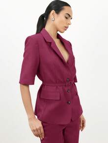 KSTM Women's Short Sleeve Belted Blazer With Notched Lapels And Button Front Professional Office Workwear Jacket With Belt Detail - Hot Pink - View 5
