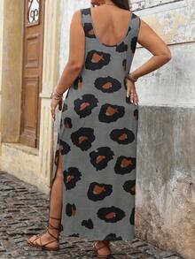 EMERY ROSE Plus Leopard Print Split Thigh Dress For Summer Vacation Maxi Women Outfit - Light Grey - View 2