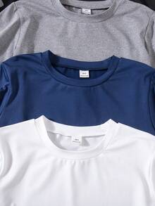 SHEIN Vacaura Kaos Lengan Pendek Warna Polos untuk Remaja/Laki-laki, Cocok untuk Pemakaian Sehari-hari, Desain Minimalis, Kerah Bulat Klasik, Lembut & Nyaman - MultiWarna - View 3