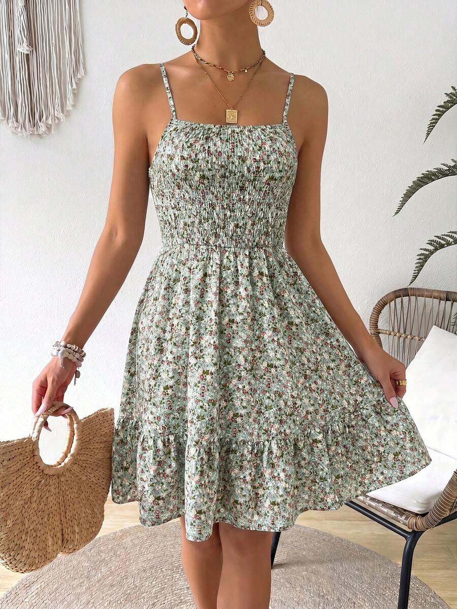 SHEIN VCAY 女士碎花吊带夏季连衣裙 - 綠色 - 查看 1