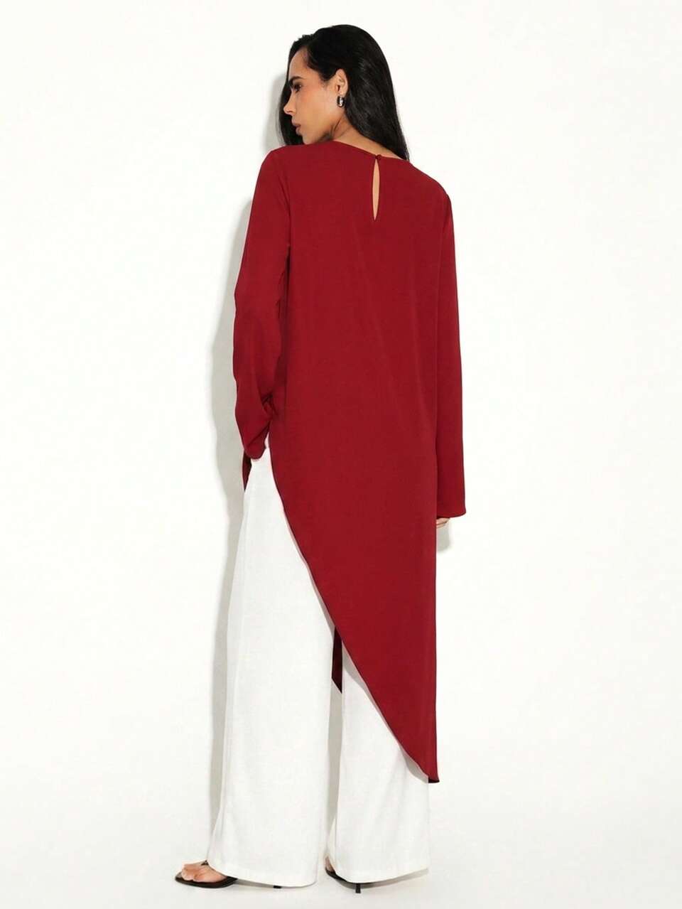 KSTM Asymmetric Flowing Long Sleeve Blouse With Draped Hem And Keyhole Back Detail For Evening And Formal Occasions