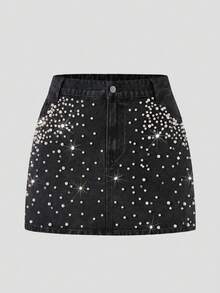SHEIN MOD Plus Size Women Pearl Decor Pocket Denim Mini Skirt - Black - View 1