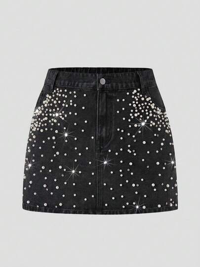 SHEIN MOD Plus Size Women Pearl Decor Pocket Denim Mini Skirt