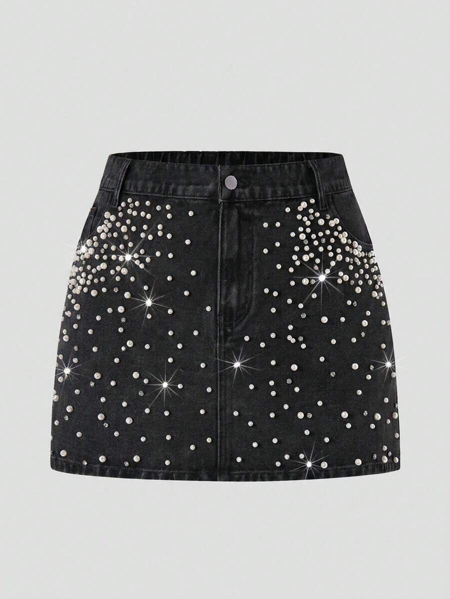 SHEIN MOD Plus Size Women Pearl Decor Pocket Denim Mini Skirt - Black - View 1